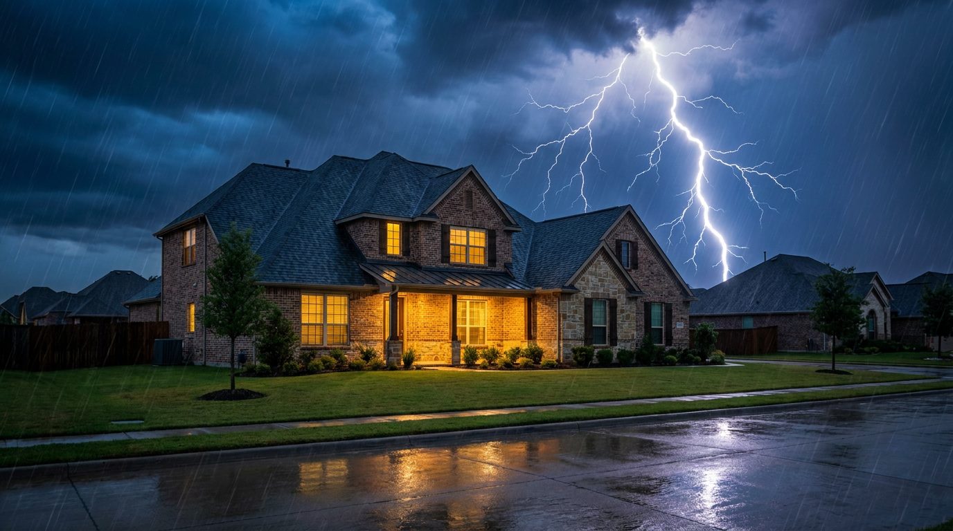 A house with a new shingle roof as lightning strikes behind it